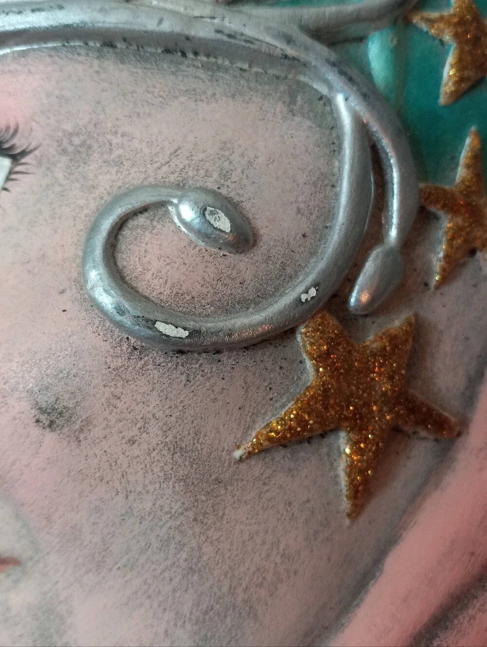 Vintage Crescent Moon Face Wall Art Ceramic Handpainted Celestial Goddess